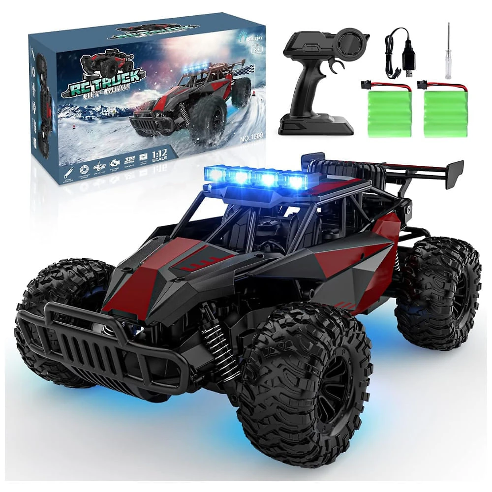 Carro de Controle Remoto 2.4GHz Alta Velocidade 33 KM/H, Off Road, Escala 1:12, Bluejay, Vermelho e Preto
