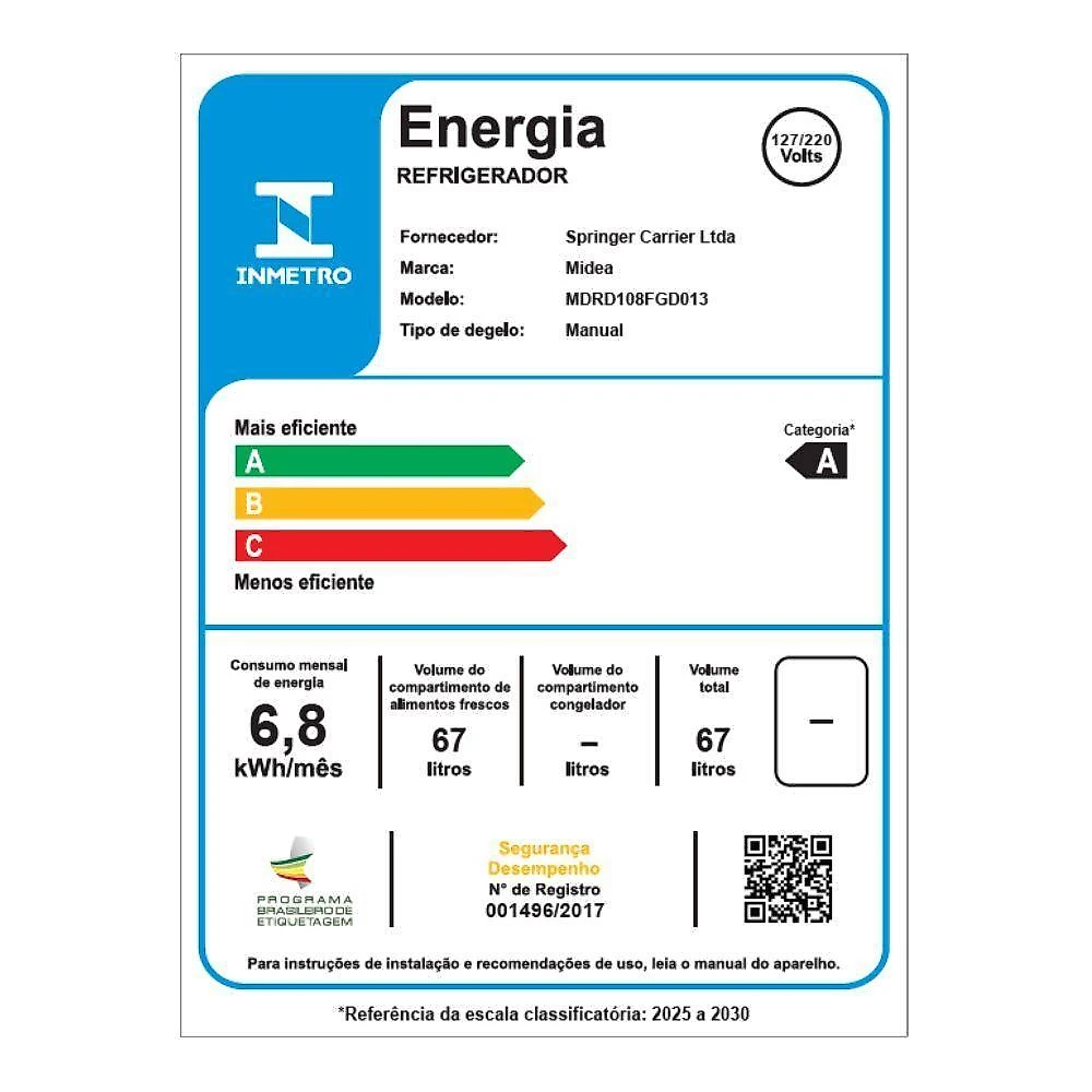 Frigobar midea inverter 67l bivolt branco (mdrd108fgd013)