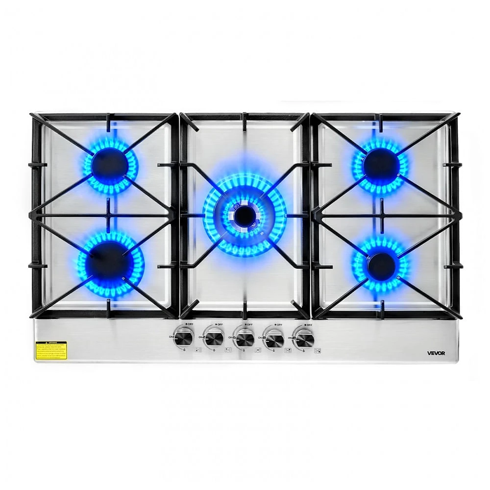Cooktop a gás 5 bocas VEVOR vidro temperado preto e inox embutir conversível GN/GLP queimadores selados 110V