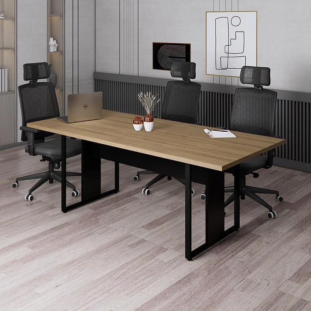 Conjunto para Escritório com Mesa de Reunião 6 Lugares e 2 Armários Baixos com Chave Espresso Móveis Macadâmia/Preto
