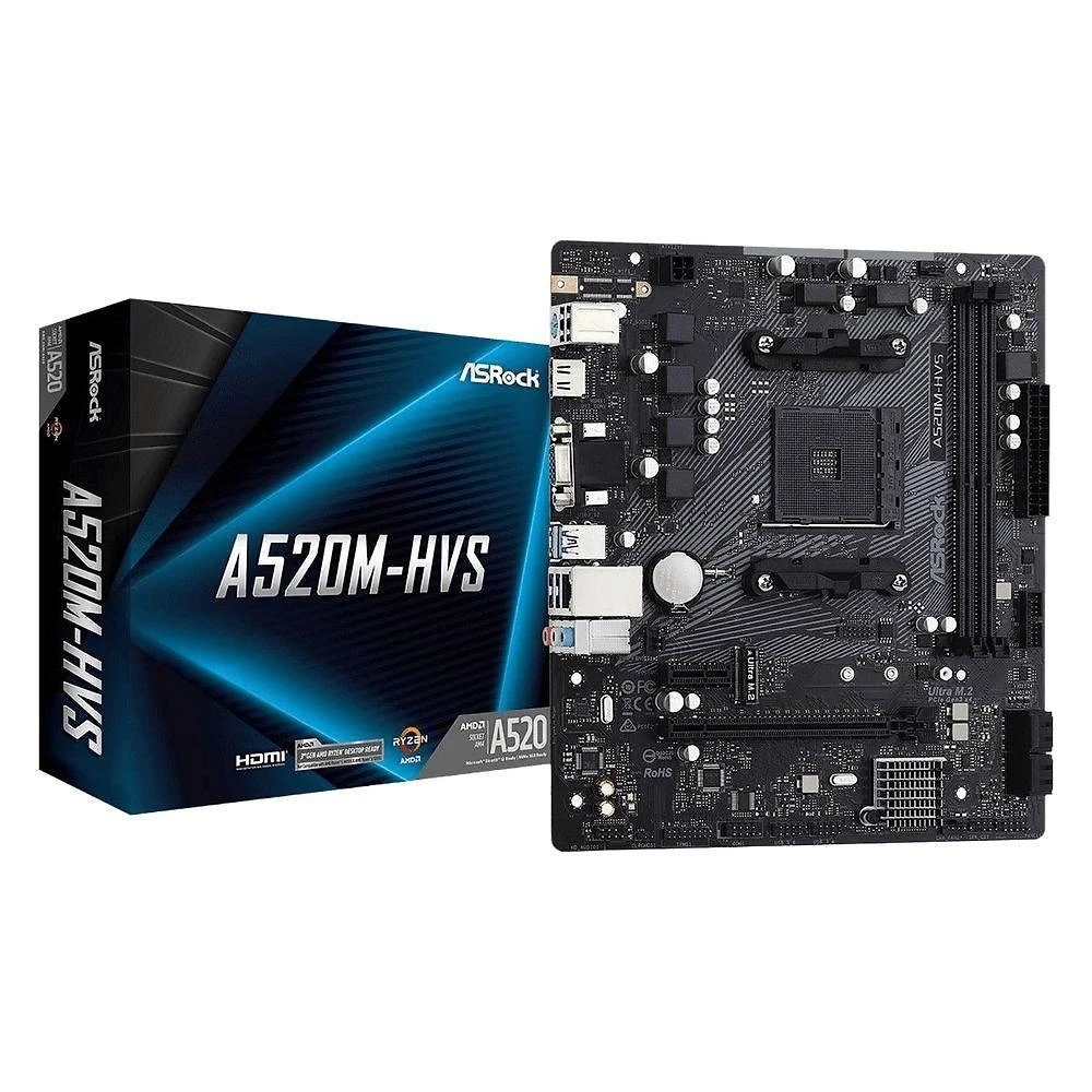 Placa-mãe A520M-HVS AM4 DDR4 Até 64GB com M.2, HDMI, USB 3.2 e Rede Gigabit Asrock