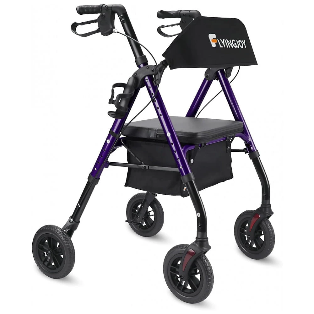 Andador para Idoso Dobrável até 136kg com Assento, Encosto Extra Largo e Suporte para Bengala, FlyingJoy, Roxo