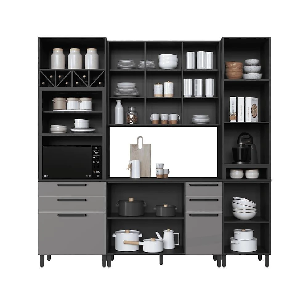 Cozinha Compacta Modulada Mônaco 8 Portas 6 Gavetas 240CM Chumbo Titânio Fidelita Móveis