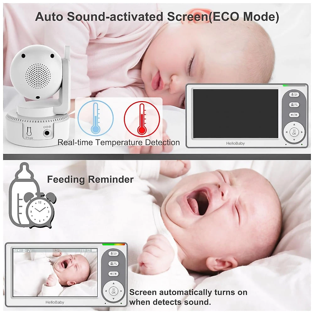 Babá Eletrônica HelloBaby 10 cm com Bateria de 30 Horas, Controle Remoto PanTiltZoom Sem WiFi, Câmera e Áudio, Visão Noturna, Modo ECO