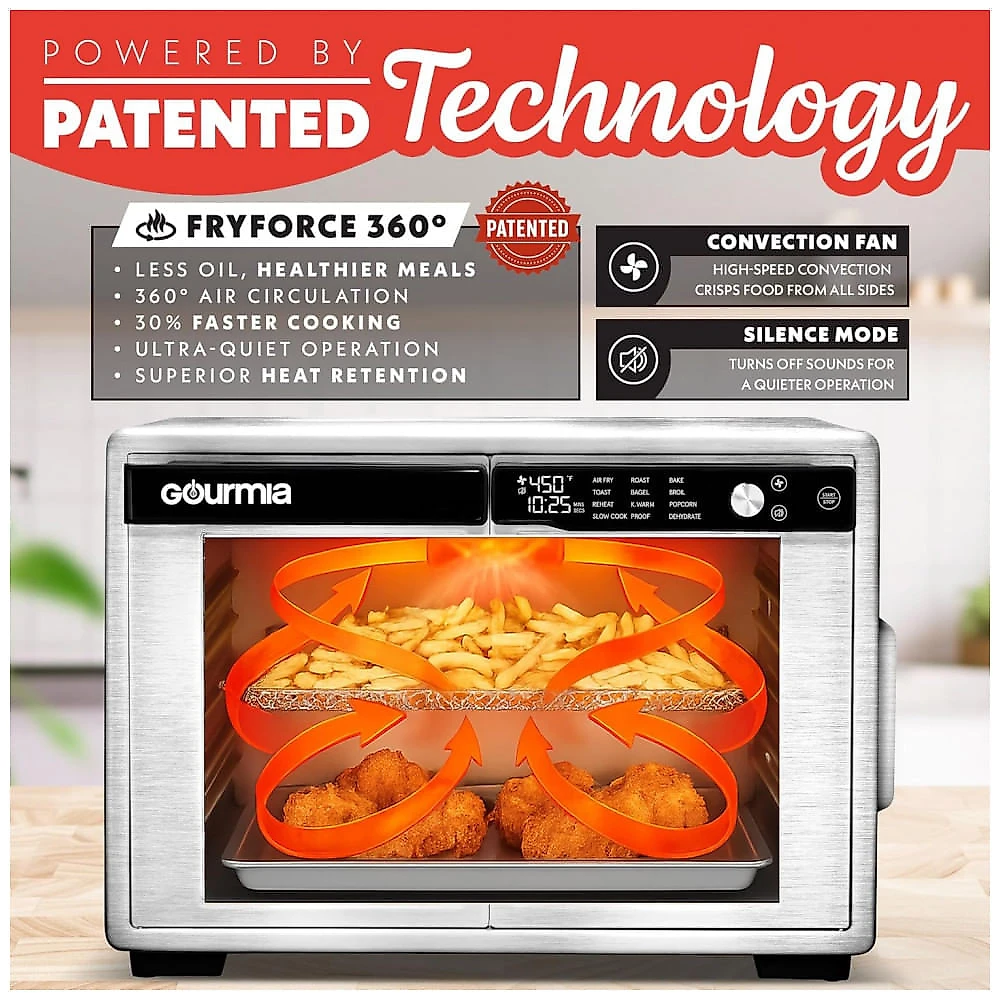 Gourmia Forno Air Fryer French Door 37 Qt Capacidade Grande, 12 Funções, Display Digital, Aço Inox Prata