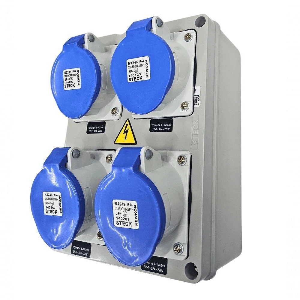 Quadro de Sobrepor com Tomadas Industriais S231120 IP44 Inox Steck 2 Tom. 32A 2P+T N3246 + 2 Tom.