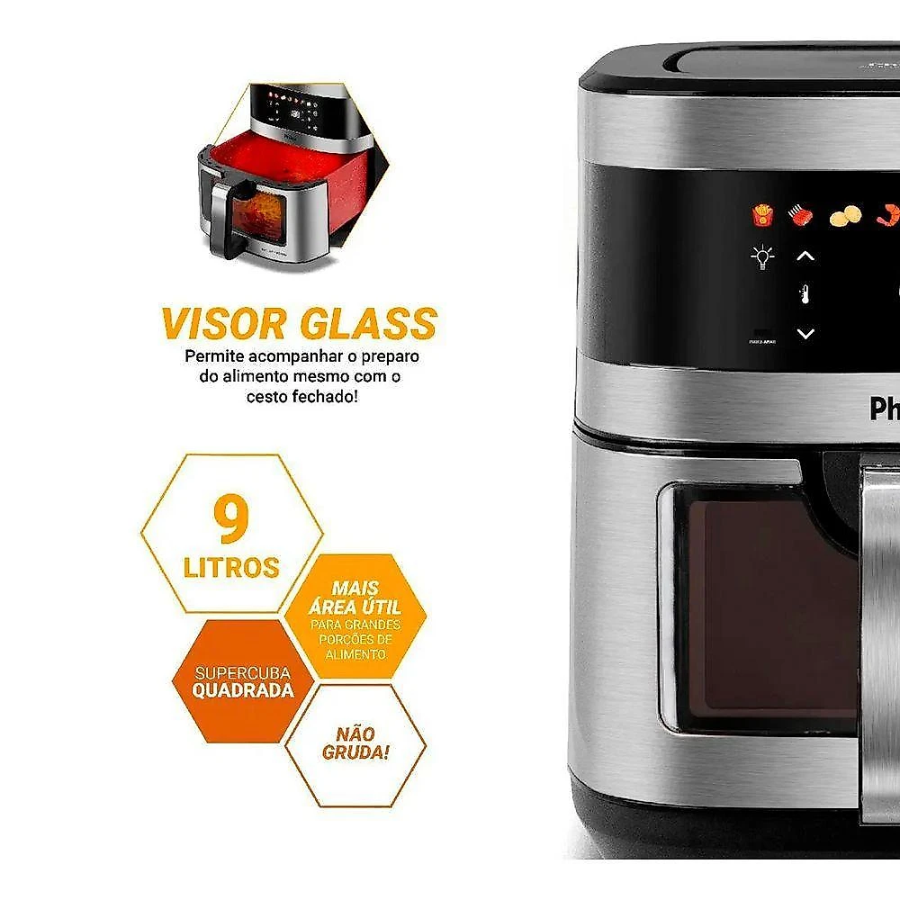 Fritadeira Air Fryer sem Óleo Philco PAF90C 9L 2000W Painel Digital Inox 110V