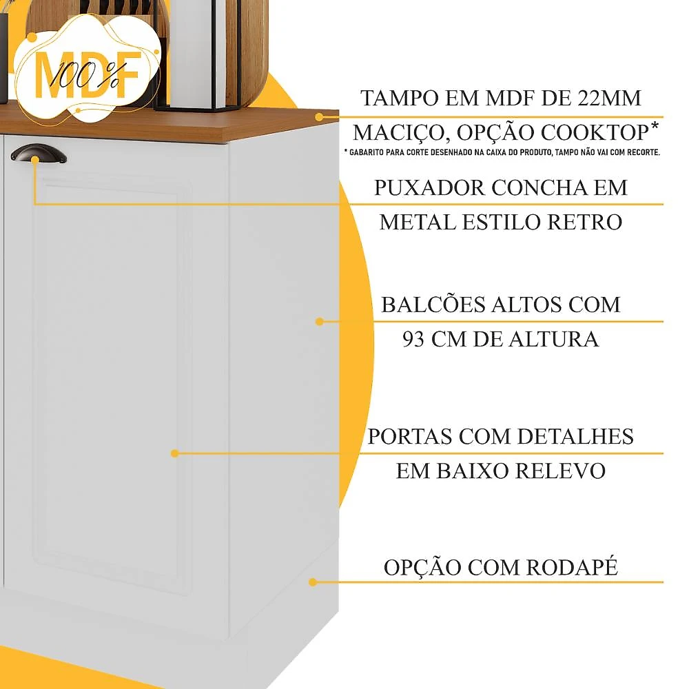 Cozinha Modulada Completa Americana 100% MDF 280cm com Rodapé Provence Multimóveis CRINK-CPL012 Branco
