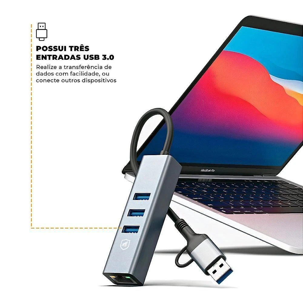 Adaptador Multiportas Usb Com Conector Ethernet Lan -gshield
