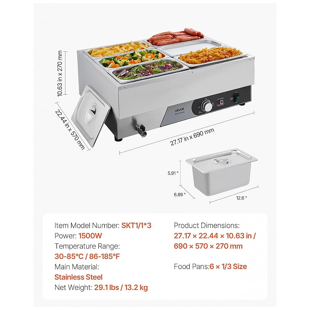Aquecedor de Alimentos Buffet VEVOR 1500W Banho-Maria Inox 6 Cubas 1/3 Tampa Buffet 110V