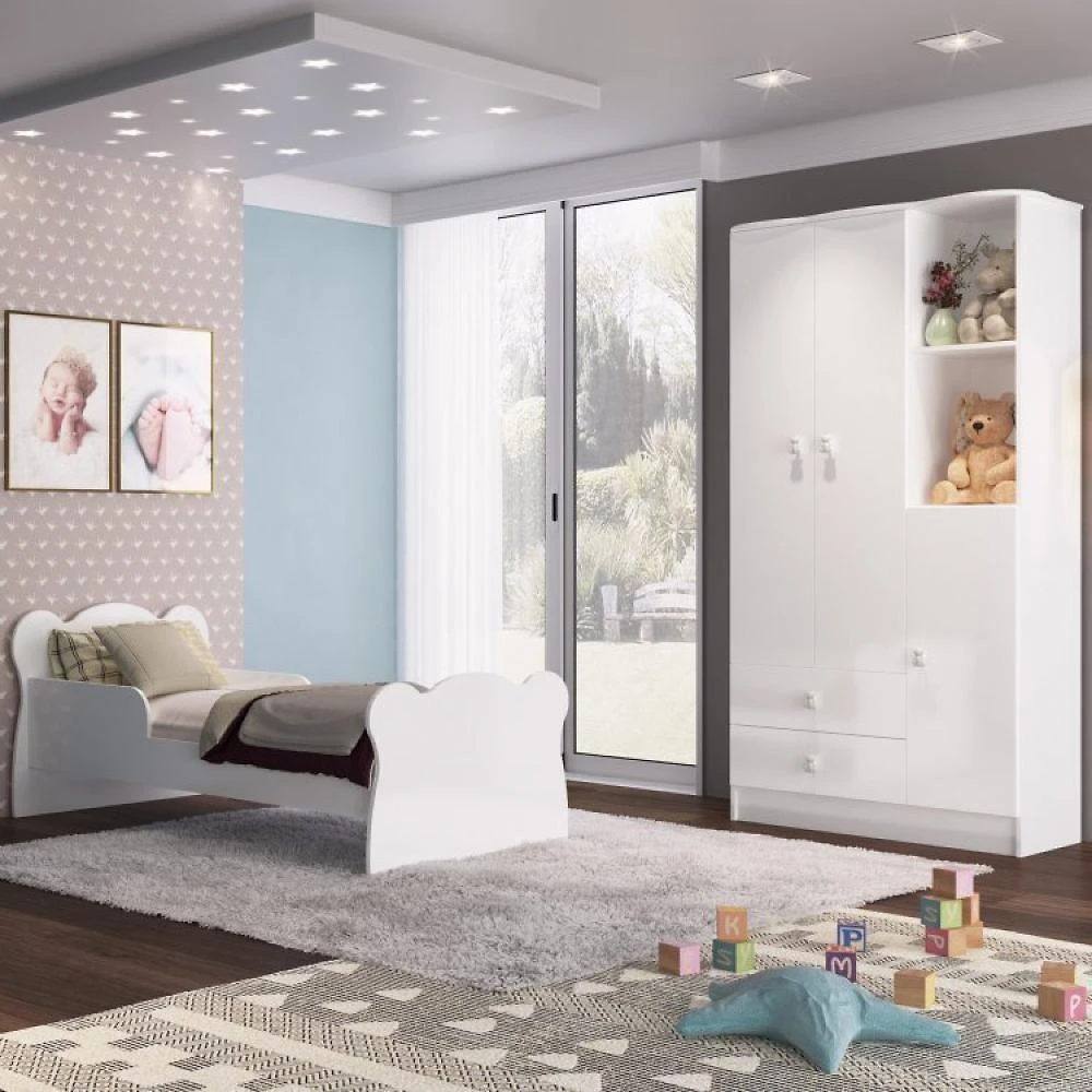 Quarto Infantil 4 Peças com Cama Roupeiro Cômoda e Nicho Docinho