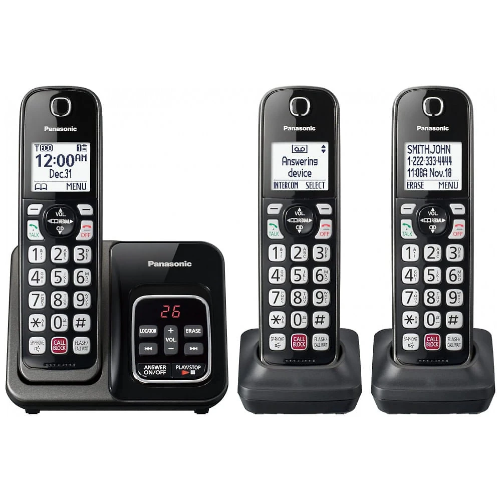 Telefone Sem Fio Panasonic KX-TGD833M Preto Metálico 3 Handsets com Bloqueio Avançado de Chamadas, Gravação Bidirecional, Alerta Golpe Um Toque