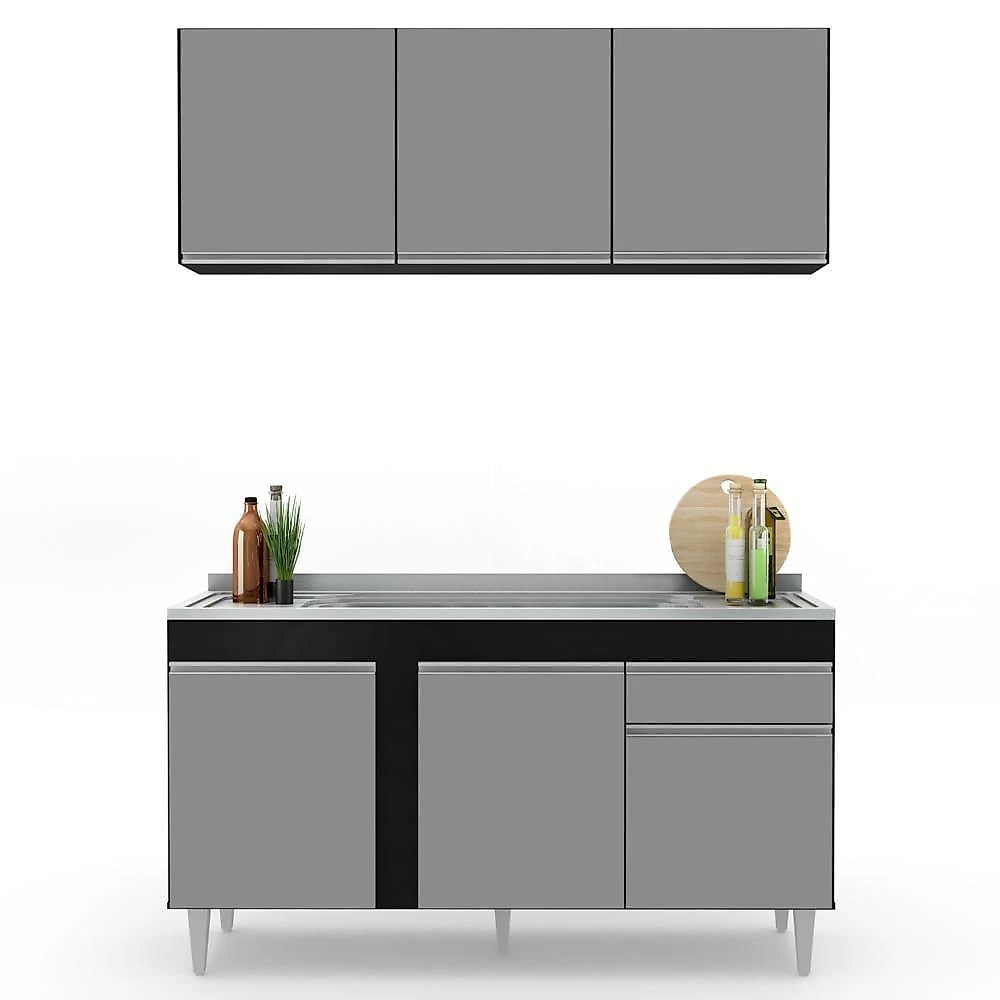 Armário Aéreo Argélia E Balcão Gabinete Com Pia Inox 150cm Dakota Preto-cinza - Lumil