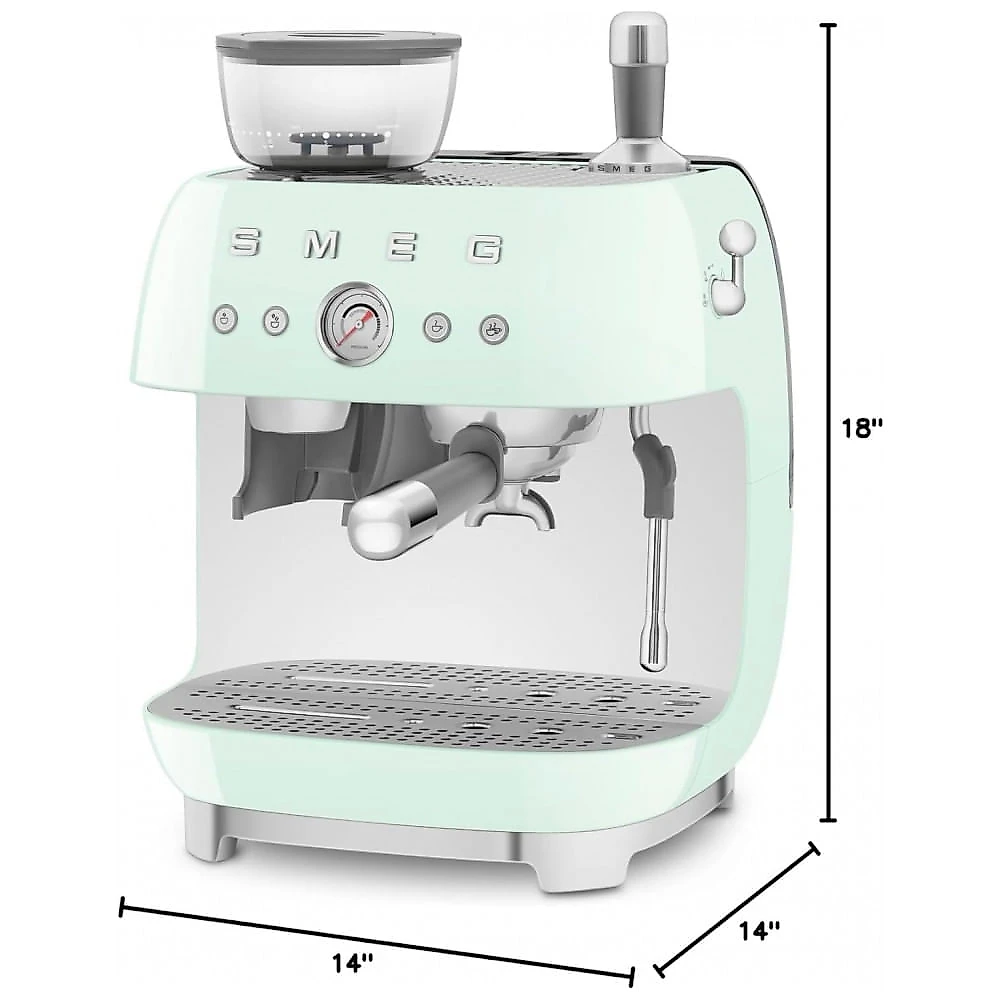 Máquina de espresso semi‑automática Smeg verde pastel retrô com moedor integrado, duplo termobloco, porta‑filtro 58 mm e reservatório 2,4L, 110V