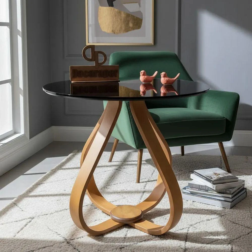 Mesa Lateral Bela Alice Redonda MDF Vidro Base Madeira 60CM Preto Decoraper