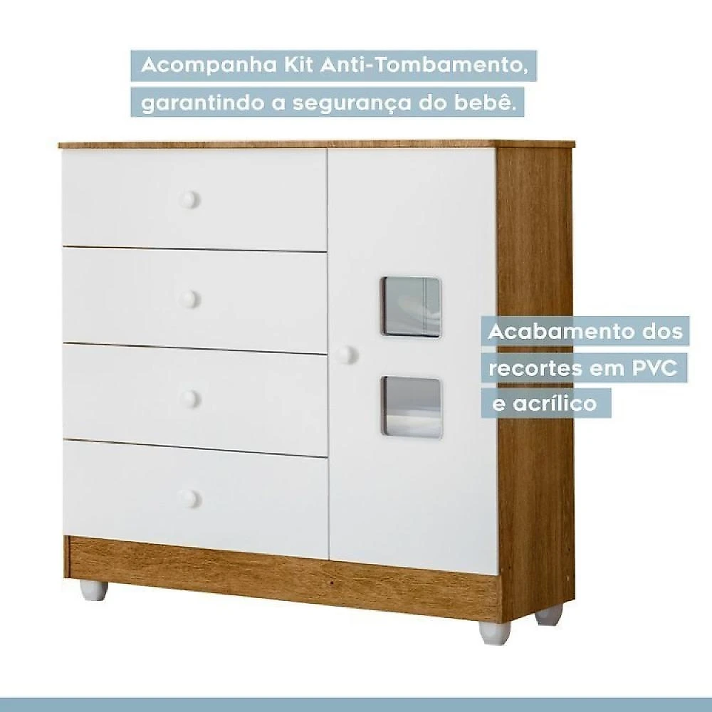 Quarto de Bebê com Berço Mini Cama, Cômoda 1 Porta 4 Gavetas e Roupeiro 100% Mdf 3 Portas 2 Gavetas Branco/Madeirado Ypê