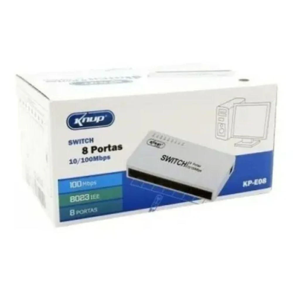 Switch de Rede KP-E08B 8 Portas 10-100Mbps Full Duplex com Eficiência Energética Verde Knup Brasil