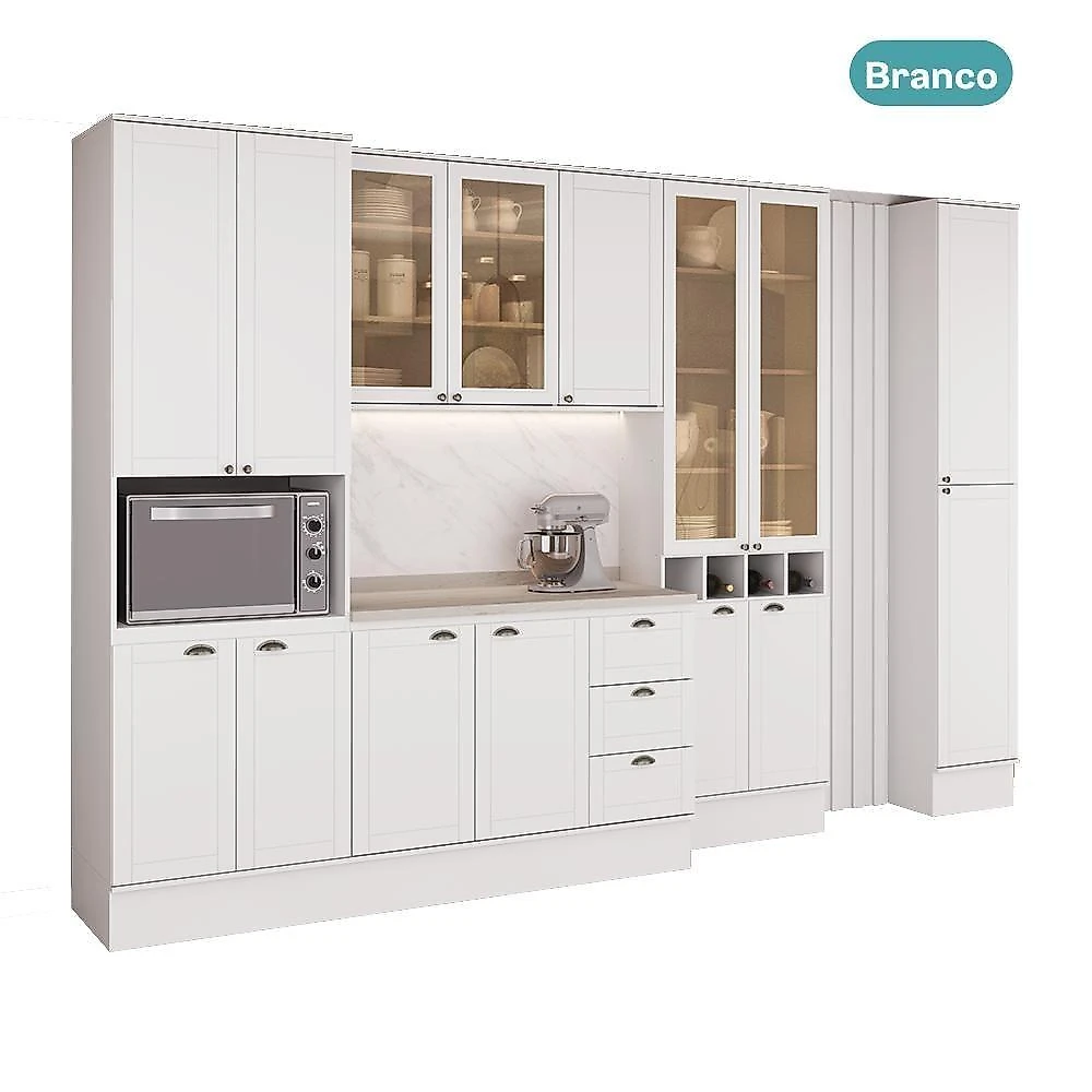 Cozinha Milla Mona 15 Portas 3 Gavetas MDF 350CM Branco Móveis Carraro webcontinental-7893455163849