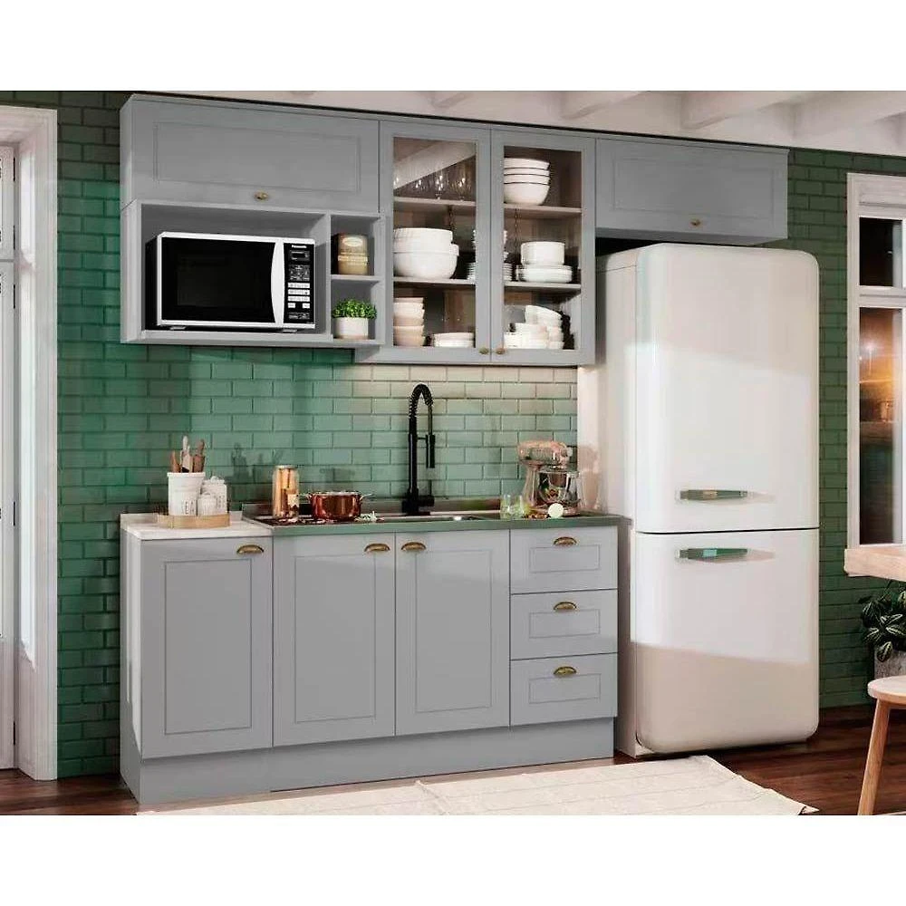 Cozinha Completa 7 Peças 2 Portas 3 Gavetas MDF 120CM Cinza com Calcáreo Kit Balcão e Armário