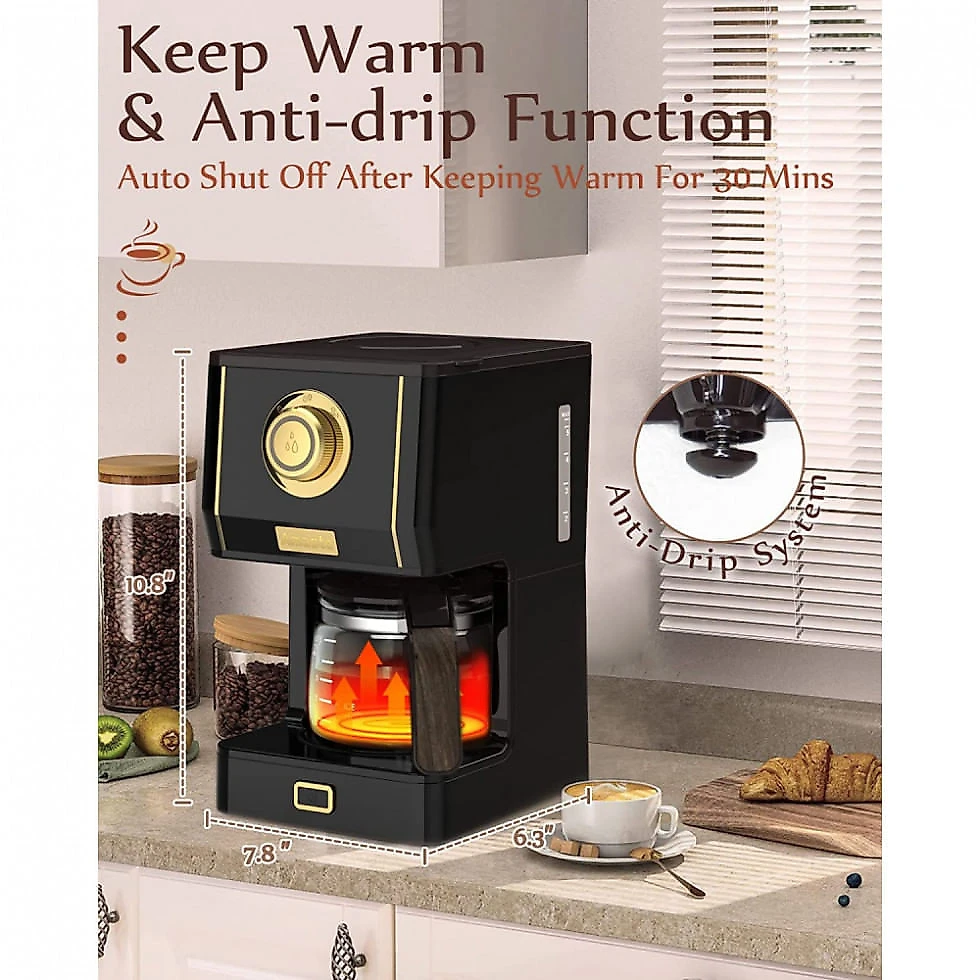 Máquina de Café Expresso Retrô 370mL com 3 Modos de Preparo, 110V, Amaste, Preta e Dourada