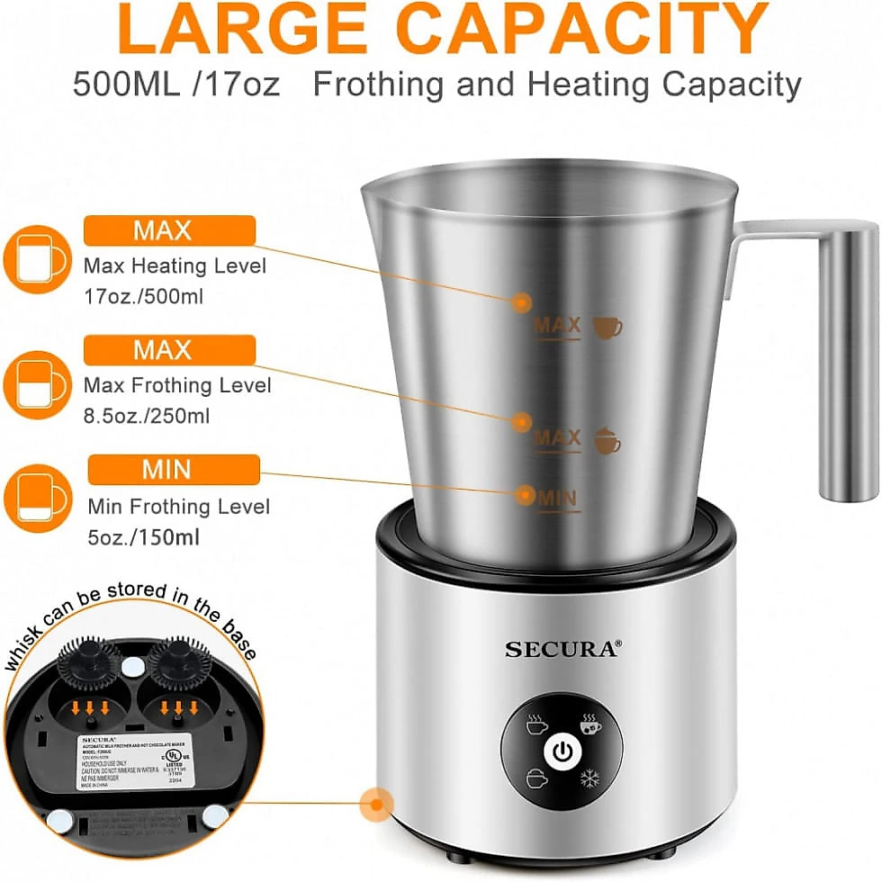 Espumador de Leite Elétrico 500 mL 4 em 1 com Espátula de Silicone, 110V, Secura, Prata