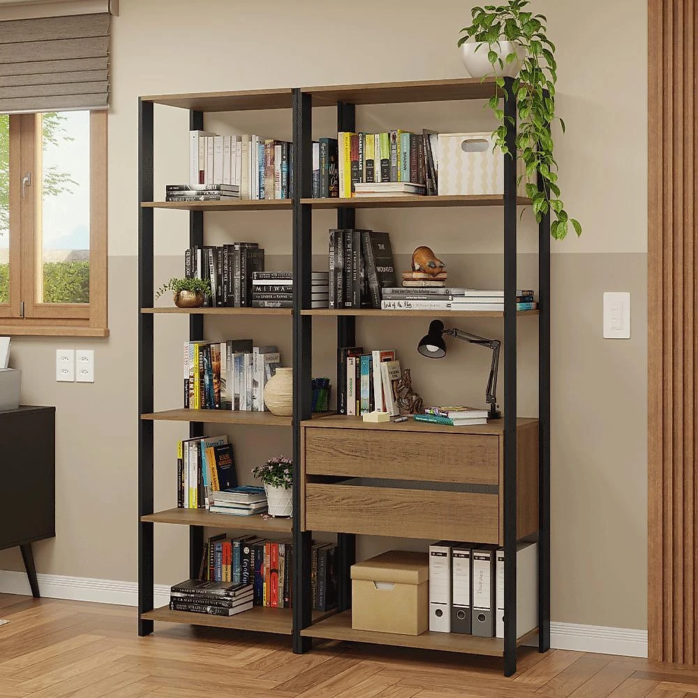 Estante armário multiuso para escritório 129cm 9 prateleiras 2 gavetas madesa branco