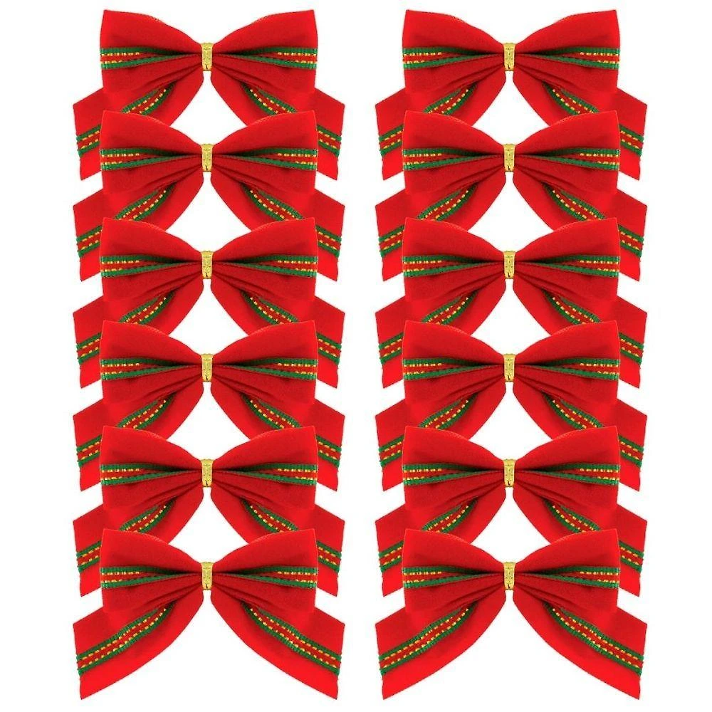 Jogo de Mini Laços Natalinos Veludo Vermelho e Verde com Dourado Poliéster 12 Unidades Yangzi