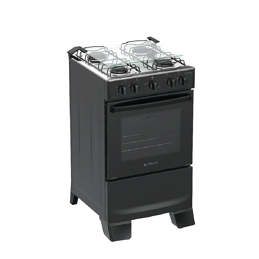 Fogão de Piso 4 Bocas Atlas Coliseum Plus Mesa Inox Acendimento Manual Preto
