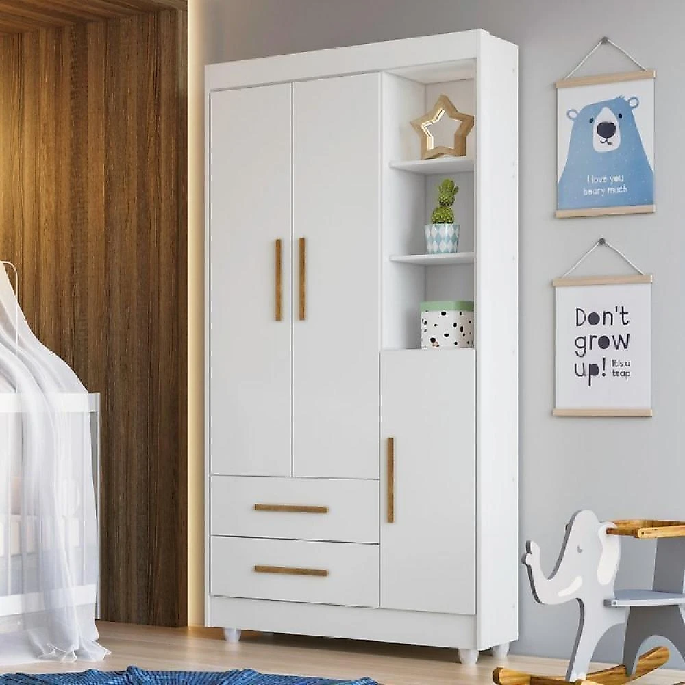 Quarto de Bebê Berço Mini Cama, Cômoda 1 Porta 4 Gavetas e Roupeiro Flocos 3 Portas 2 Gavetas Branco