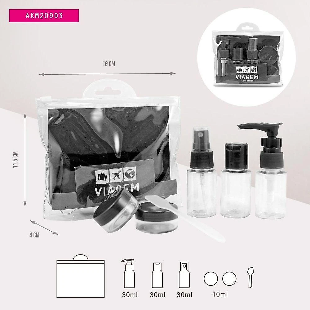 Kit De Bolsa Transparente E Frascos De Viagem De 7 Peças Preto