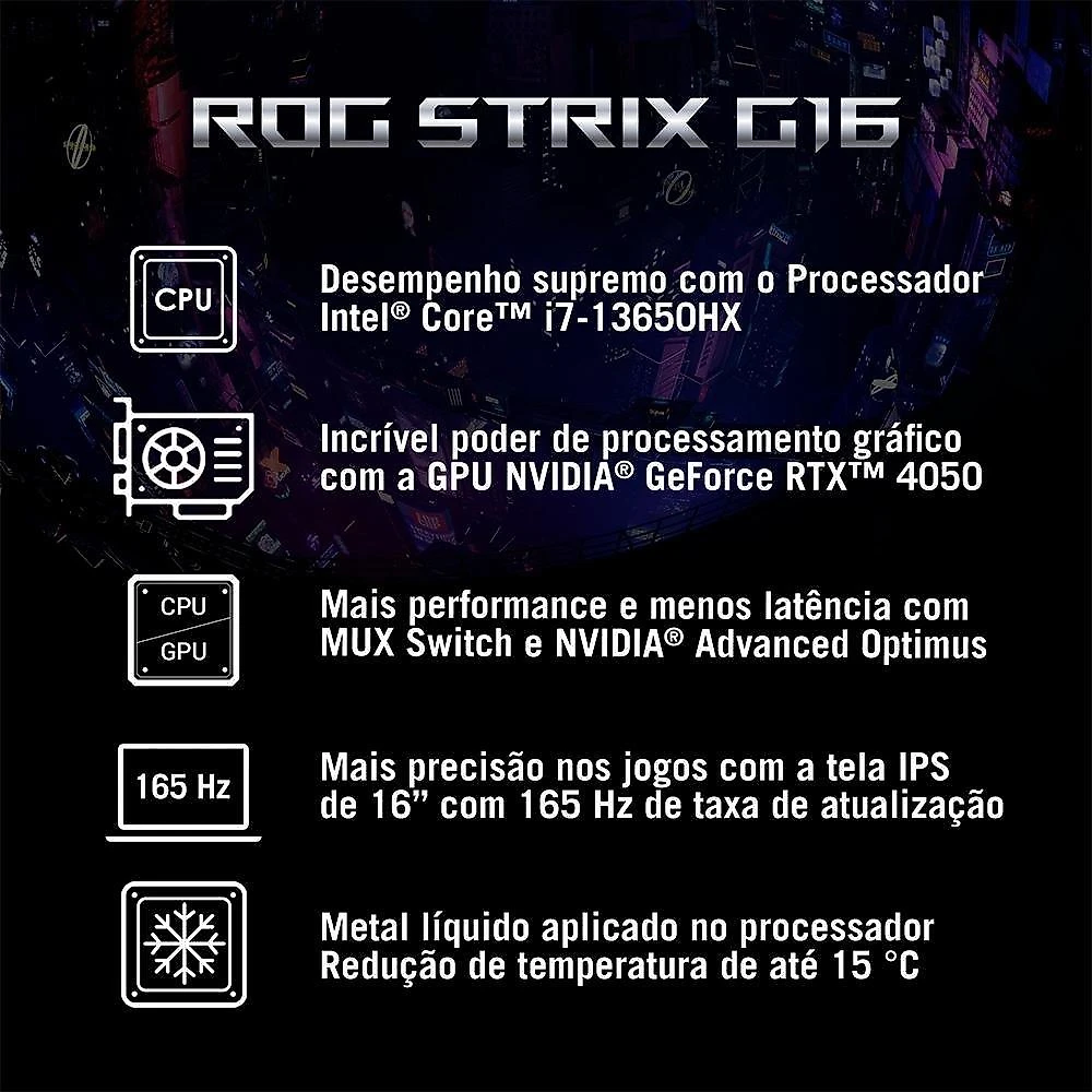 Notebook Gamer ASUS Rog Strix G16 Intel Core I7, 8gb Ram, GeForce Rtx 4050, Ssd 512gb, 16" Fhd, 165hz, Keepos, Eclipse Gray - G614ju-N3367