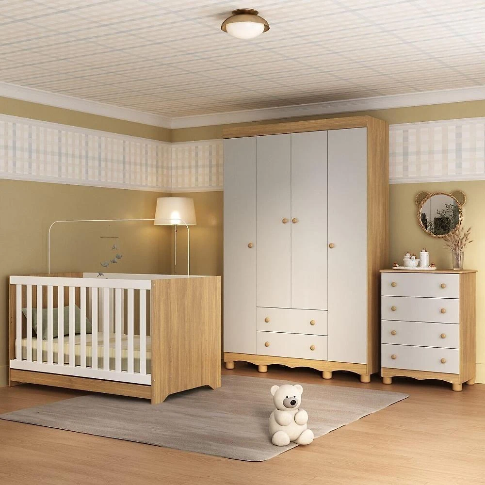 Quarto De Bebê Completo Com Berço Americano 3 Em 1 Dengo Multimóveis MP4588 Madeirado-off White