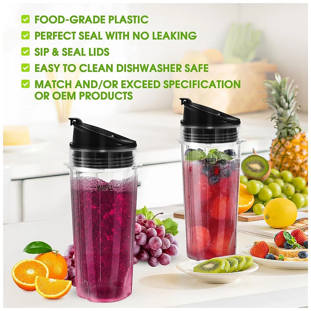 UBYNID Jarras de Substituição para Liquidificador Ninja 16oz com Tampas Antivazamento - Kit com 3 Peças Compatível com Modelos QB3001SS, BL770