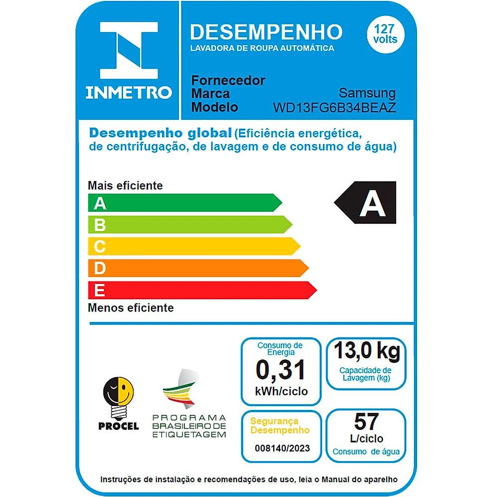 Lava e Seca 13 kg/8 kg Samsung com AI Control, Branca - WD13FG Branco - 110V