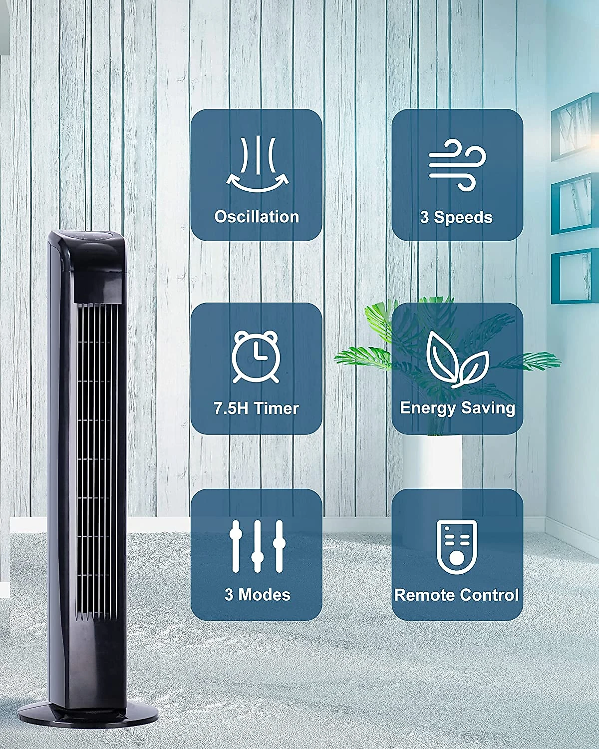 Uthfy Ventilador de Torre com 3 Velocidades 110V60W Preto