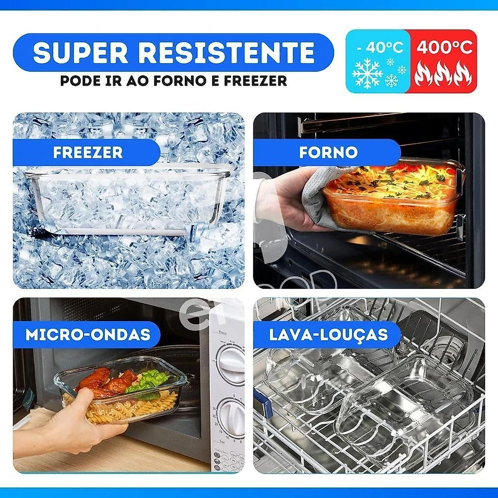 Kit 4 Potes de Vidro Retangular 640ML com Tampa Hermética Armazenamento Alimentos Transparente