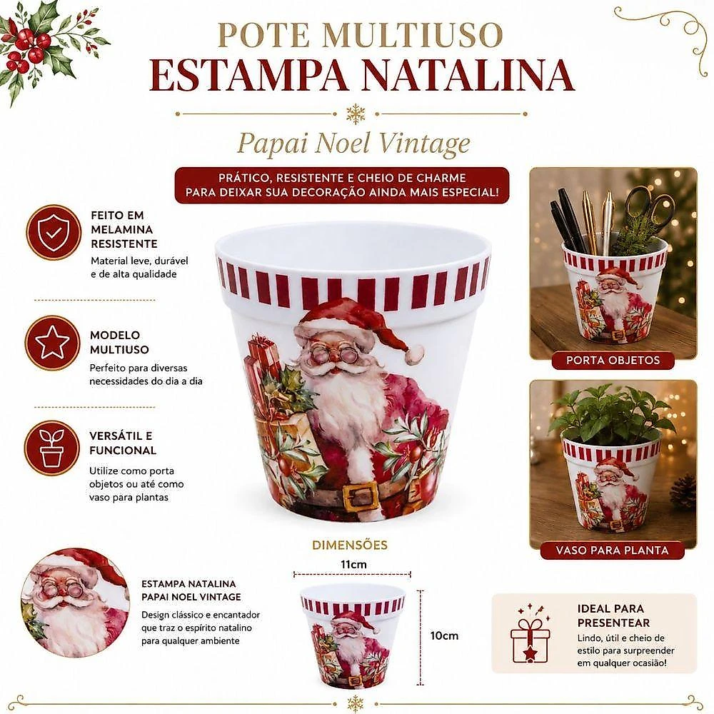 Pote Multiuso Decorativo Natalino Estampa Vintage Papai Noel Vermelho Yangzi 10CM