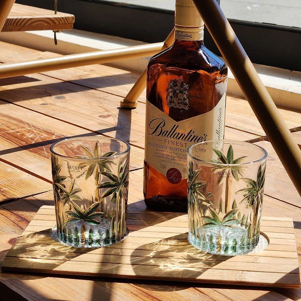 Jogo 2 Copos De Whisky água Baixo Cristal Coqueiro Palm Tree Wolff 340ml