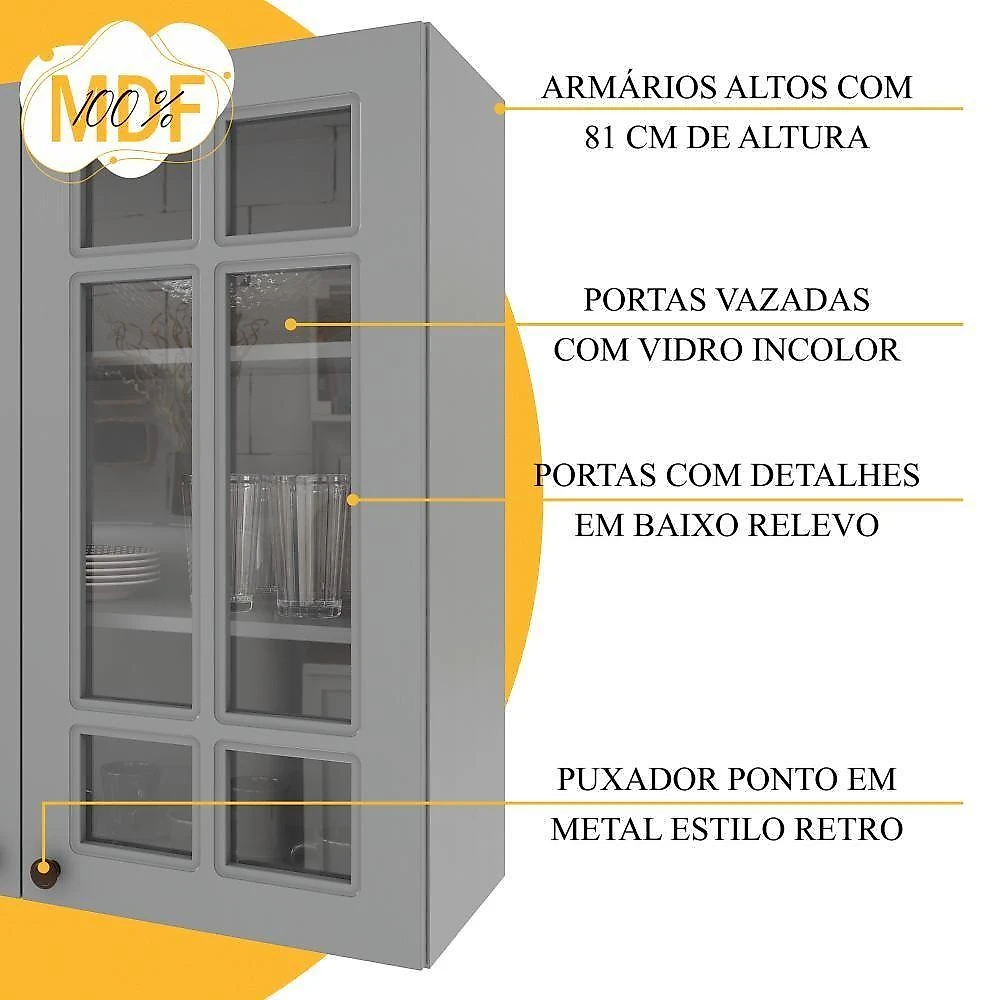 Combo de Cozinha Amoudi 3 Portas 2 Gavetas MDF 120CM Titânio Fosco Amoudi Móveis