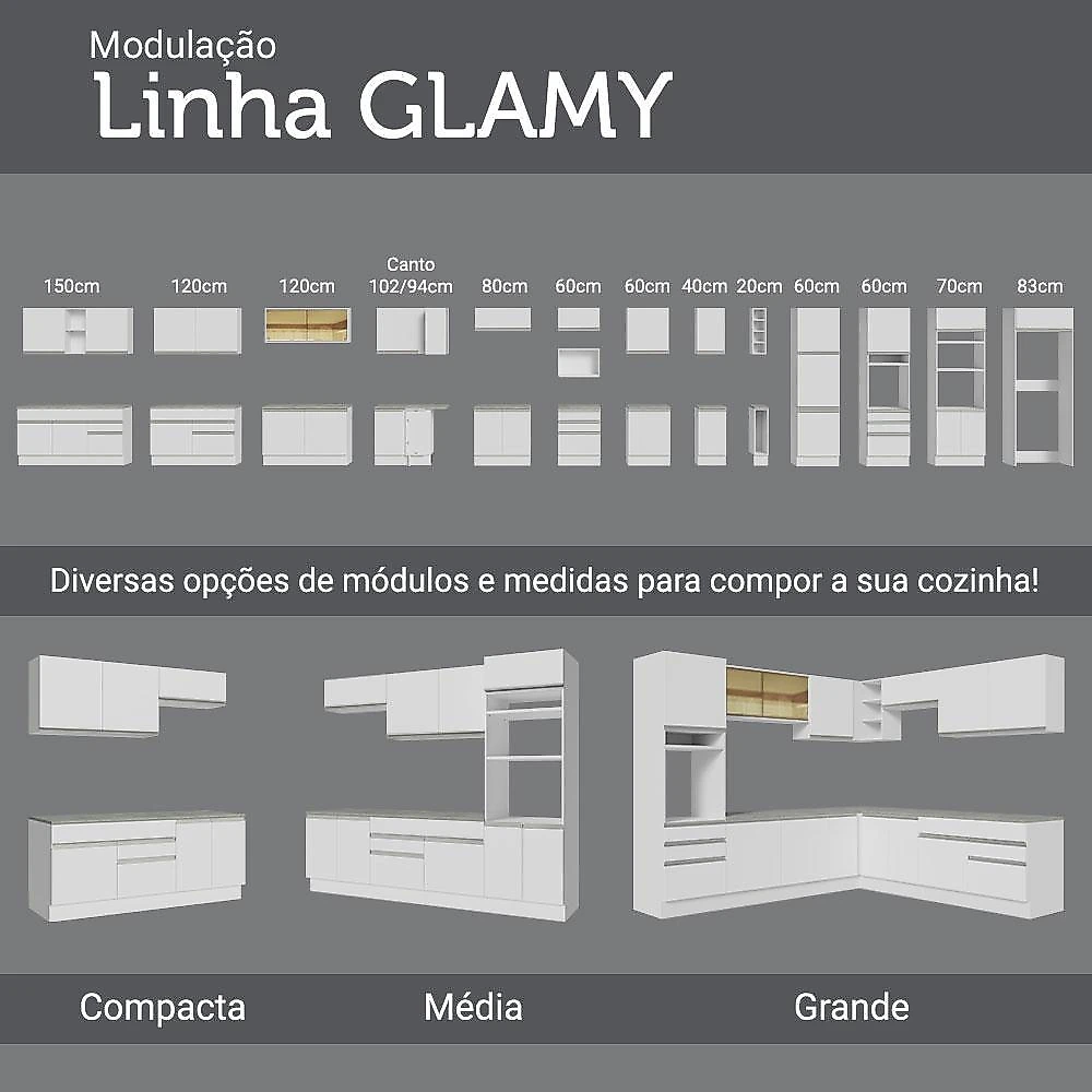 Armário de cozinha aéreo 120 cm 2 portas com vidro branco glamy madesa