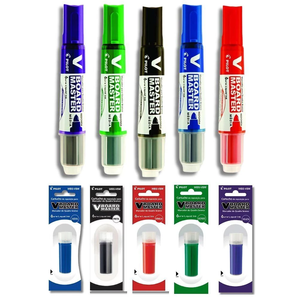 Kit 5 Pincel Quadro Branco Recarregável Pilot + 5 Refil V-board Master Pilot