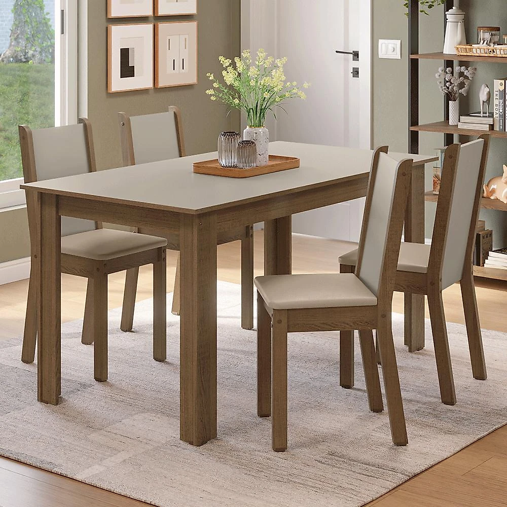 Conjunto sala de jantar alva mesa tampo de madeira 4 cadeiras rustic/crema/sintético bege madesa