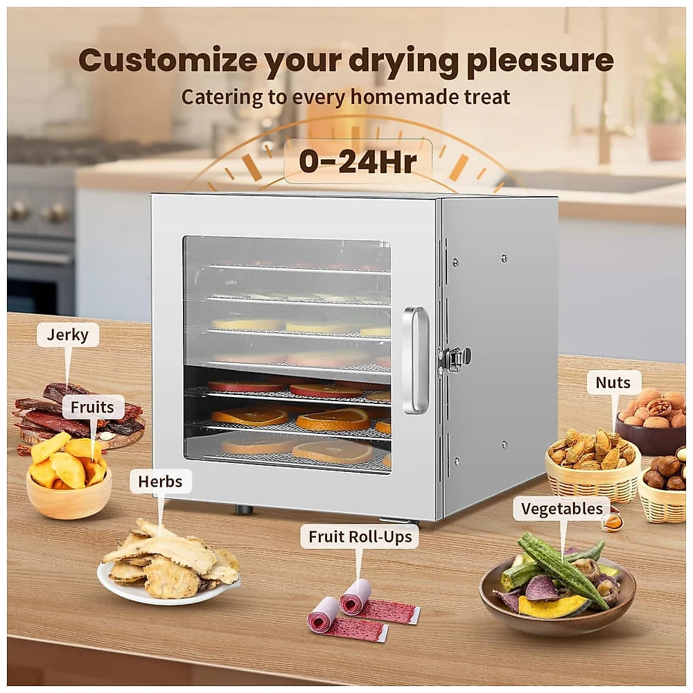 Desidratador de Alimentos FAHKNS, 8 Bandejas de Aço Inoxidável, Controle de Temperatura 88°C, Temporizador 24H, 700W 110v