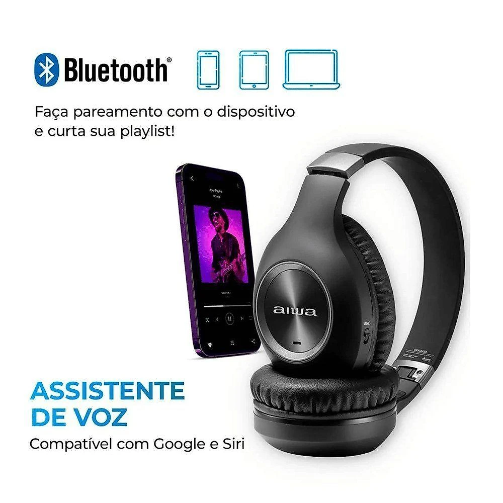 Headphone Aiwa HP-02-B Bluetooth ANC Cancelamento de Ruído 28 Horas Preto