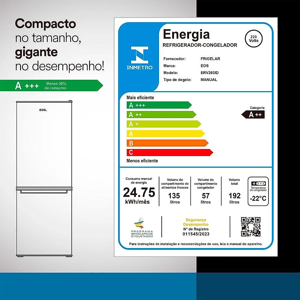 Geladeira EOS 192 Litros Duplex Inverse Inox ERV260IDS 220V