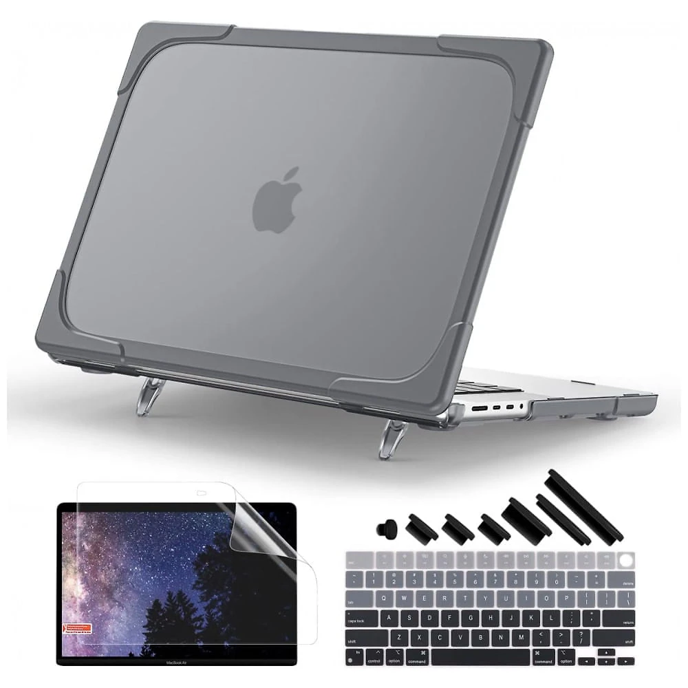 Capa Rígida Batianda MacBook Pro 16" Cinza – Modelos A3403, A3186, A2991, A2780, A2485 com Suporte Dobrável