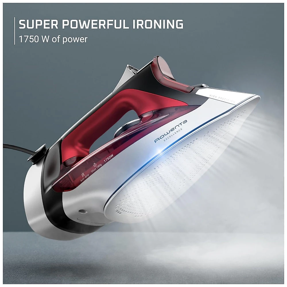 Ferro Rowenta, Focus Excellence de Aço Inoxidável com Base a Vapor para Roupas, Cabo Retrátil, 400 Furos de Microvapor, Vapor Potente, Display LED
