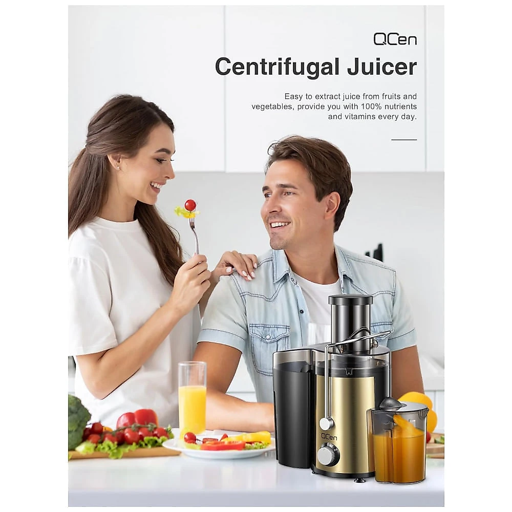 Extrator de Suco Centrífugo QCen, 800W com Boca Larga de 3 Entradas para Frutas e Vegetais, Fácil de Limpar, Aço Inoxidável, Livre de BPA Ouro 800W