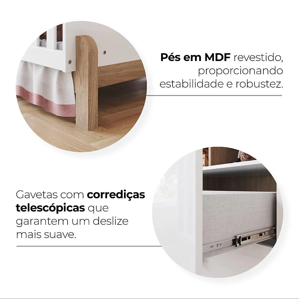 Conjunto Quarto de Bebê Berço 2 em 1 e Guarda-Roupa Yuri Branco/Jequitibá HP