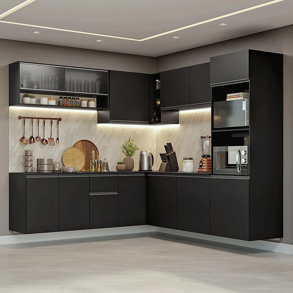 Armário de Cozinha Completa de Canto 445 cm Suspenso Preto Nice Madesa 03